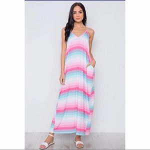 Rainbow Stripes Dress- Straps Maxi with Pockets